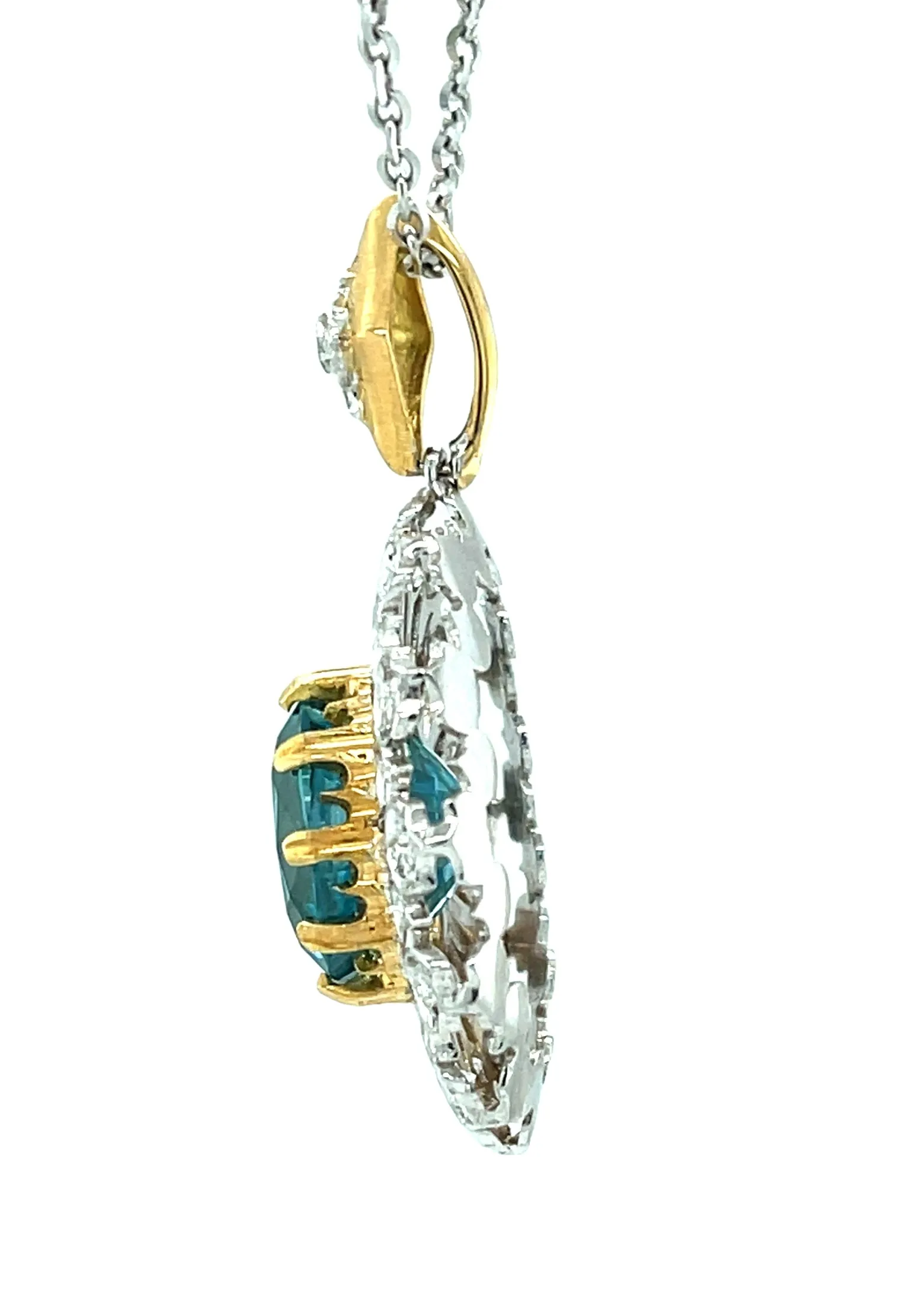 13.12 Carat Blue Zircon and Diamond 18k White and Yellow Gold Pendant Necklace