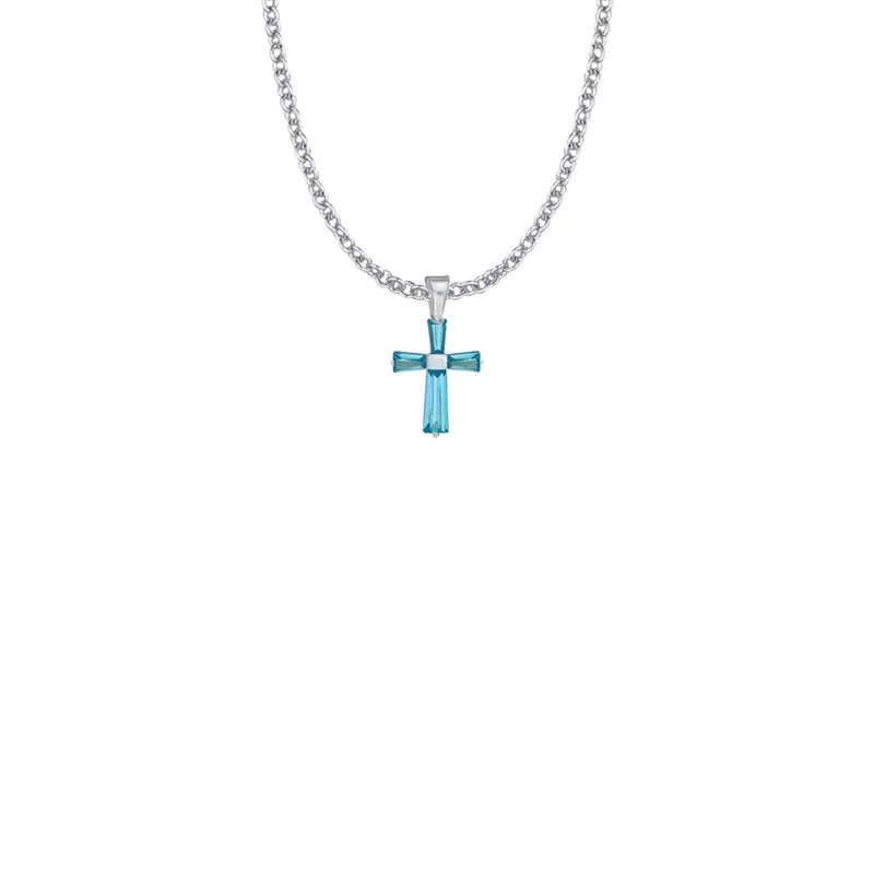 3/4 Inch Sterling Silver and Glass Crystal December Birthstone Baguette Cross Necklace
