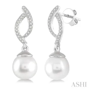 7x7 MM Round Cut Cultured Pearls and 1/6 ctw Round Cut Diamond Earrings in 10K White Gold