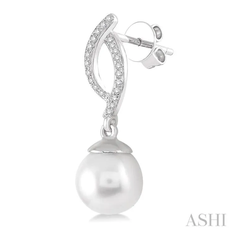 7x7 MM Round Cut Cultured Pearls and 1/6 ctw Round Cut Diamond Earrings in 10K White Gold