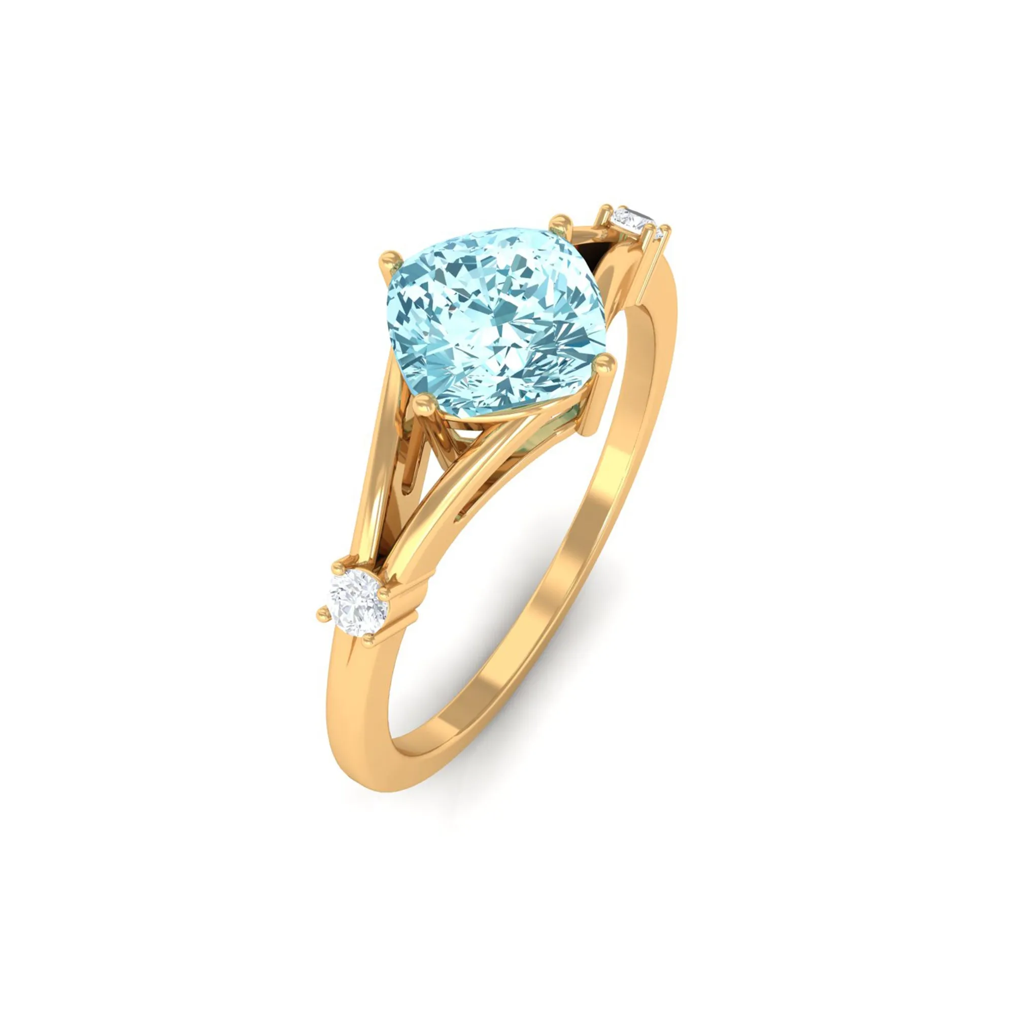 Cushion Cut Aquamarine Solitaire Ring with Diamond in Split Shank