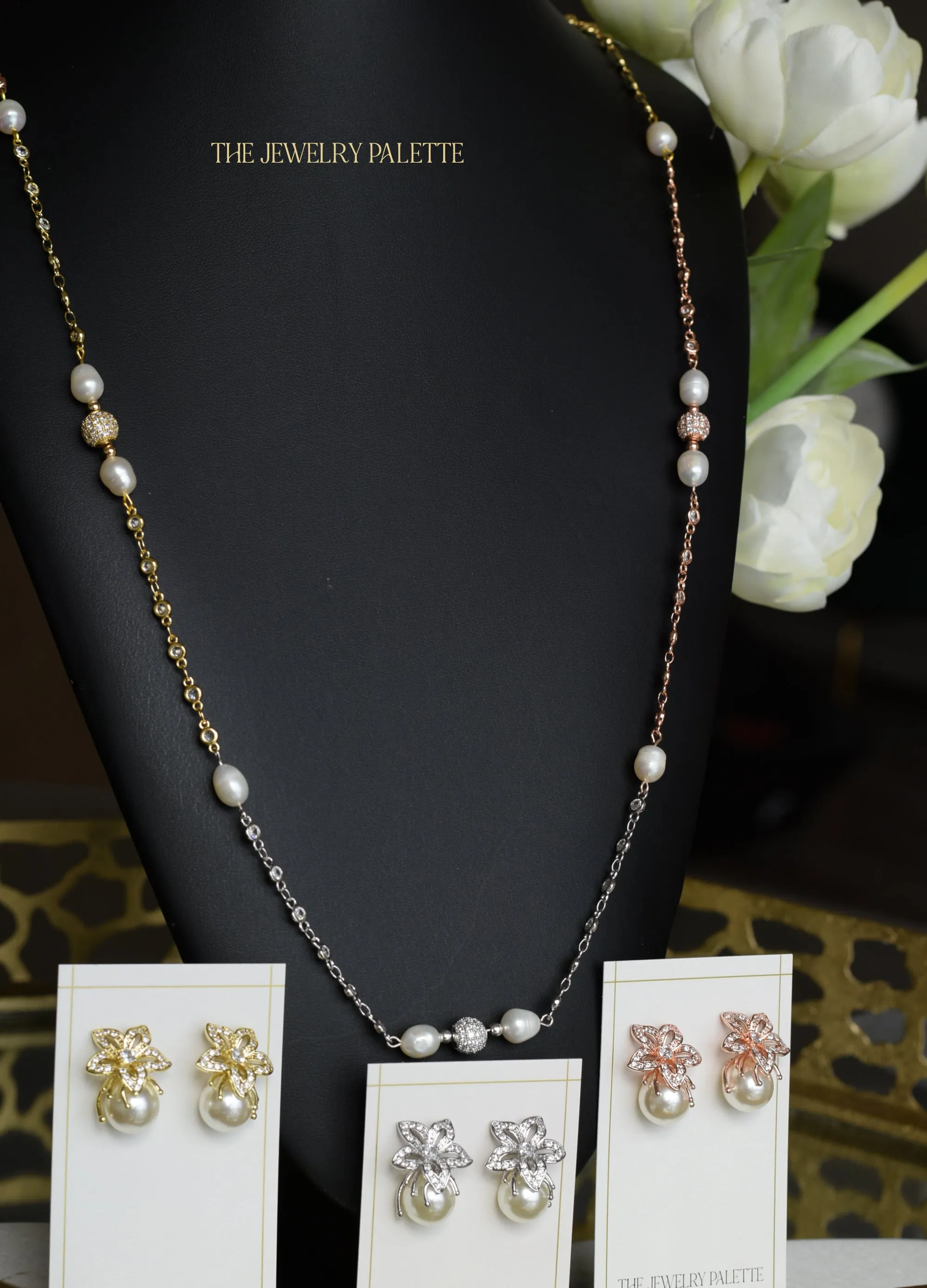 Fleur white pearl, gold, rose gold and silver chain necklace