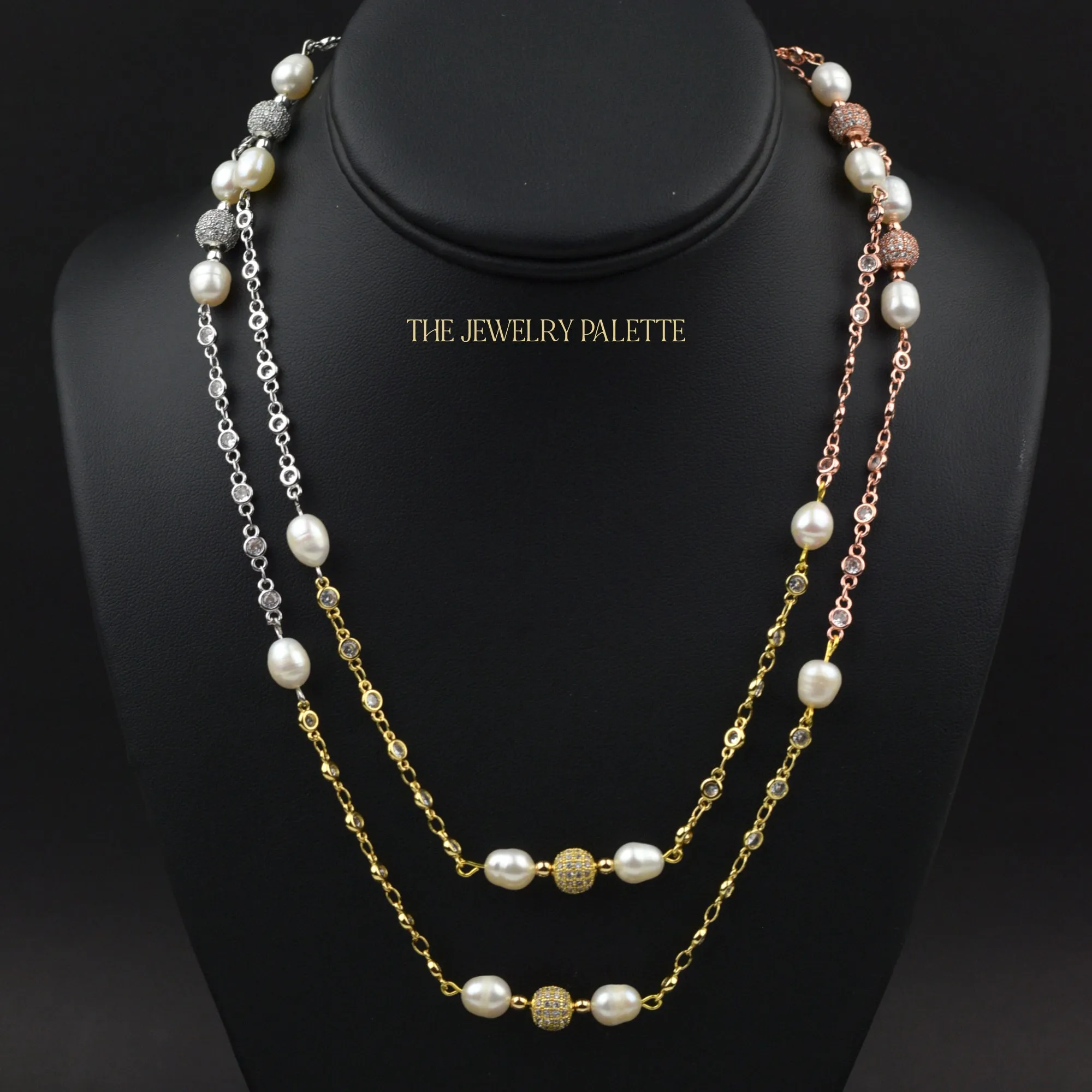 Fleur white pearl, gold, rose gold and silver chain necklace