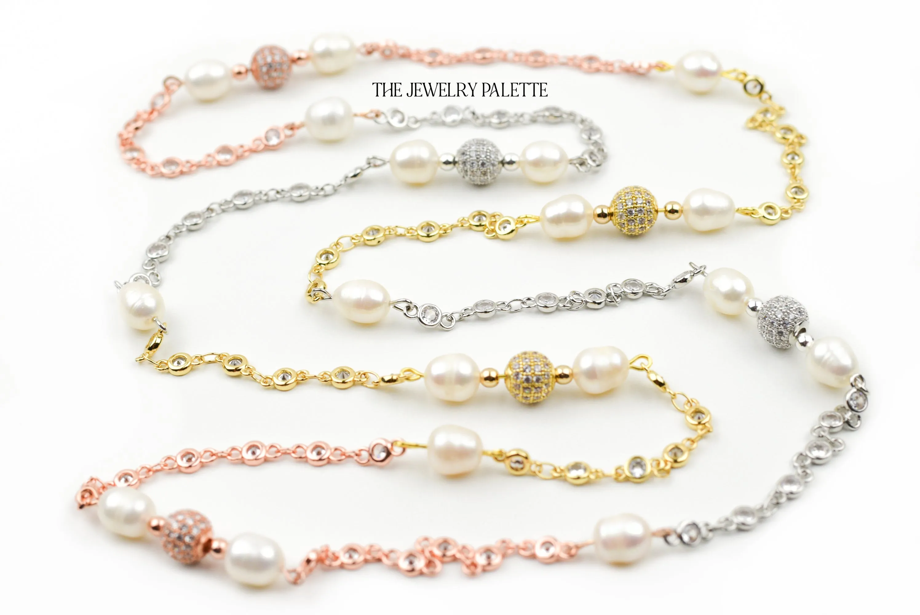 Fleur white pearl, gold, rose gold and silver chain necklace