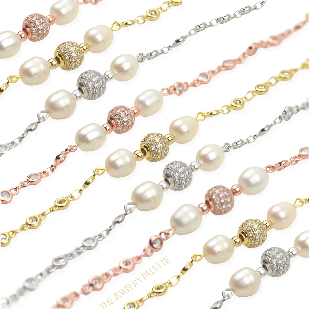 Fleur white pearl, gold, rose gold and silver chain necklace