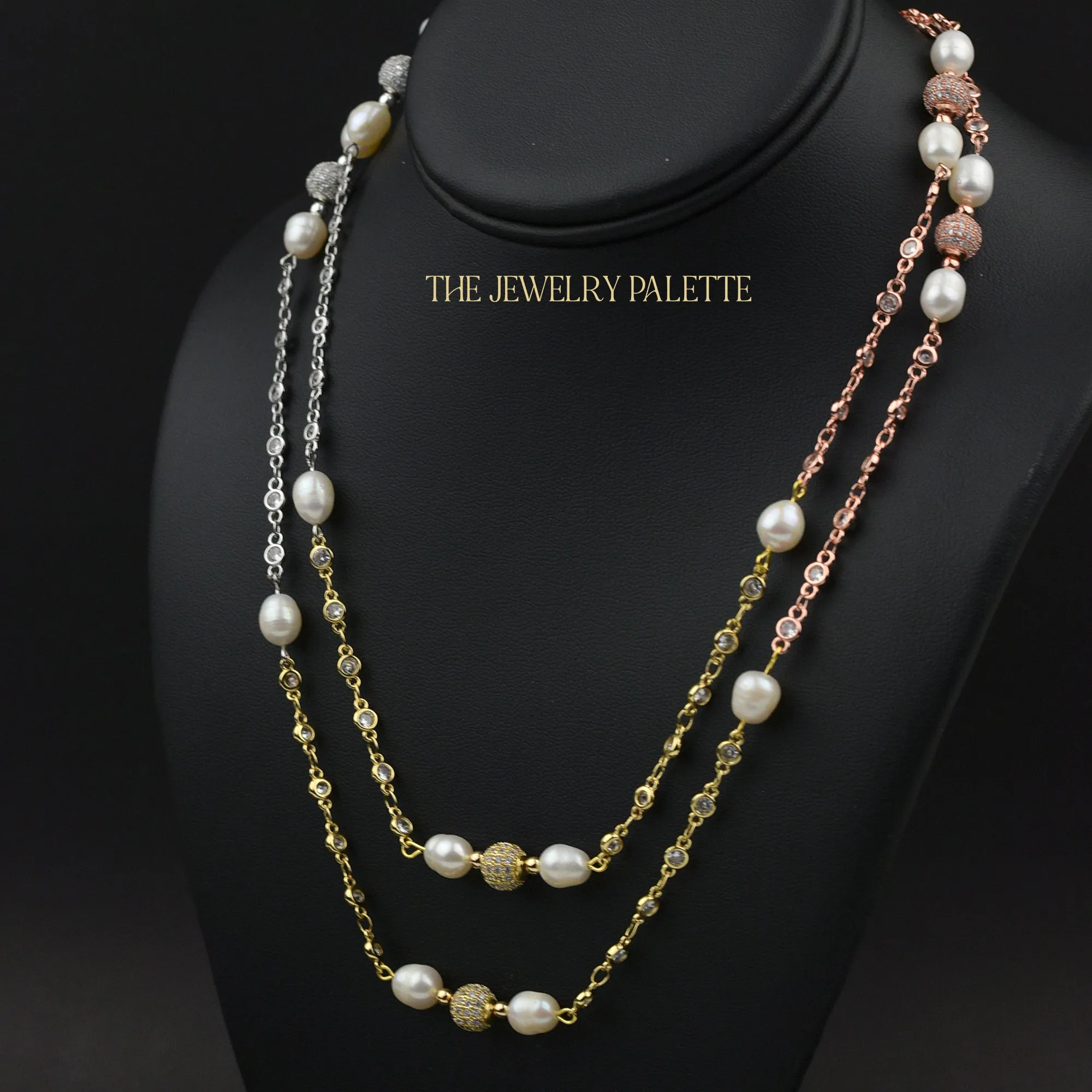 Fleur white pearl, gold, rose gold and silver chain necklace