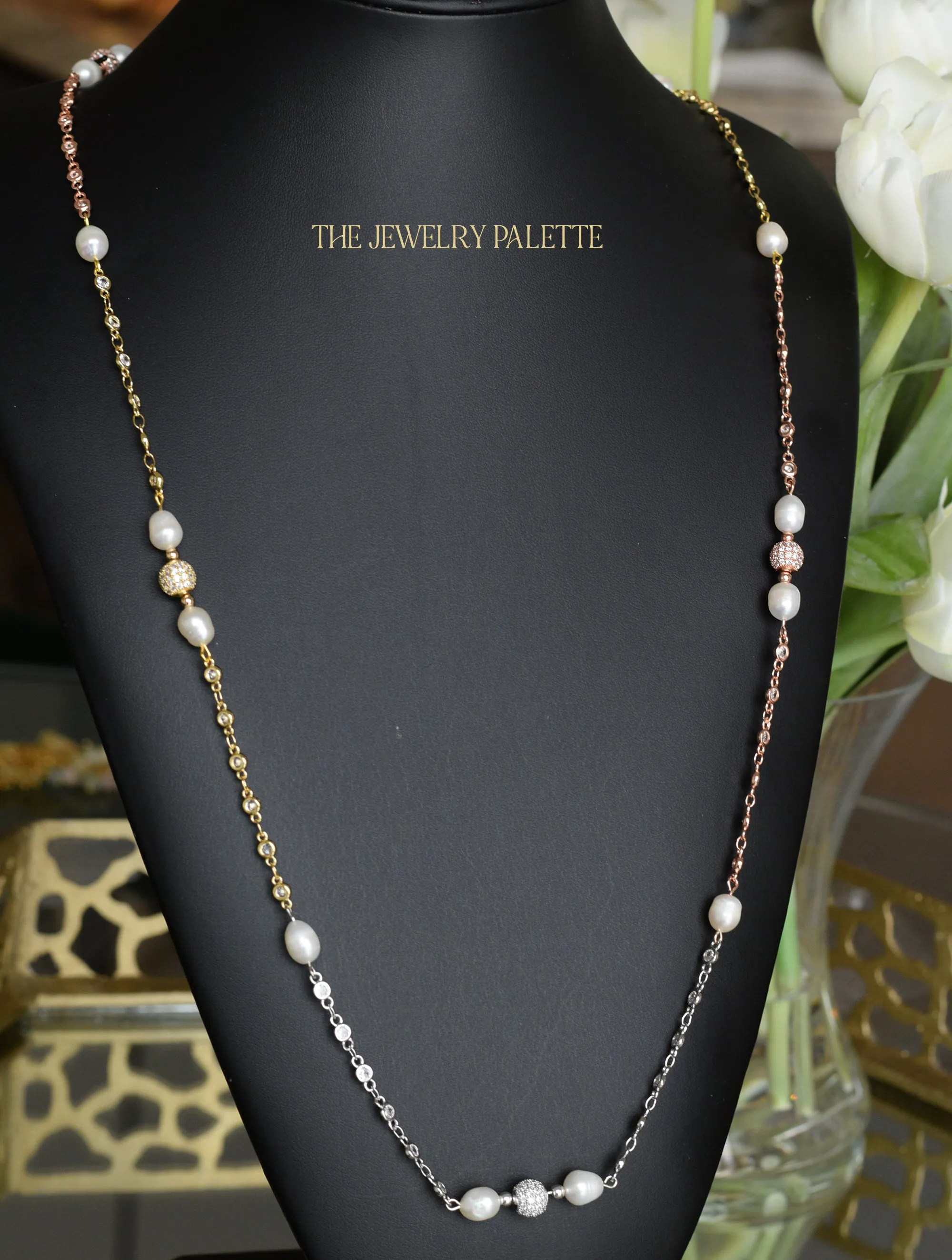 Fleur white pearl, gold, rose gold and silver chain necklace