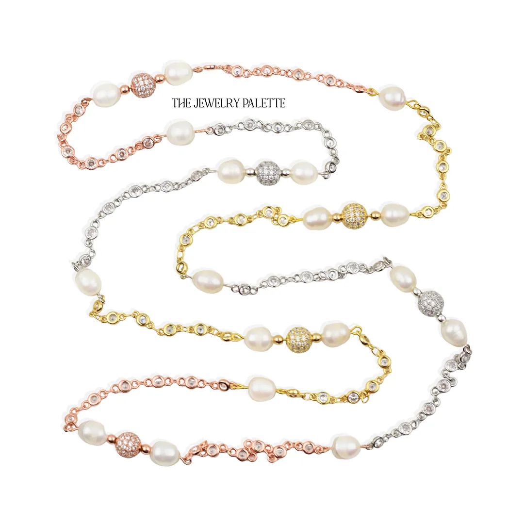Fleur white pearl, gold, rose gold and silver chain necklace