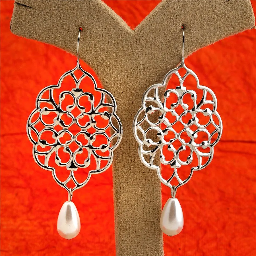 Hand Crafted Floral Art Pearl Charm Drop Earring