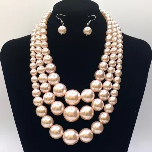 Layered Pearl Necklace Set Light Pink