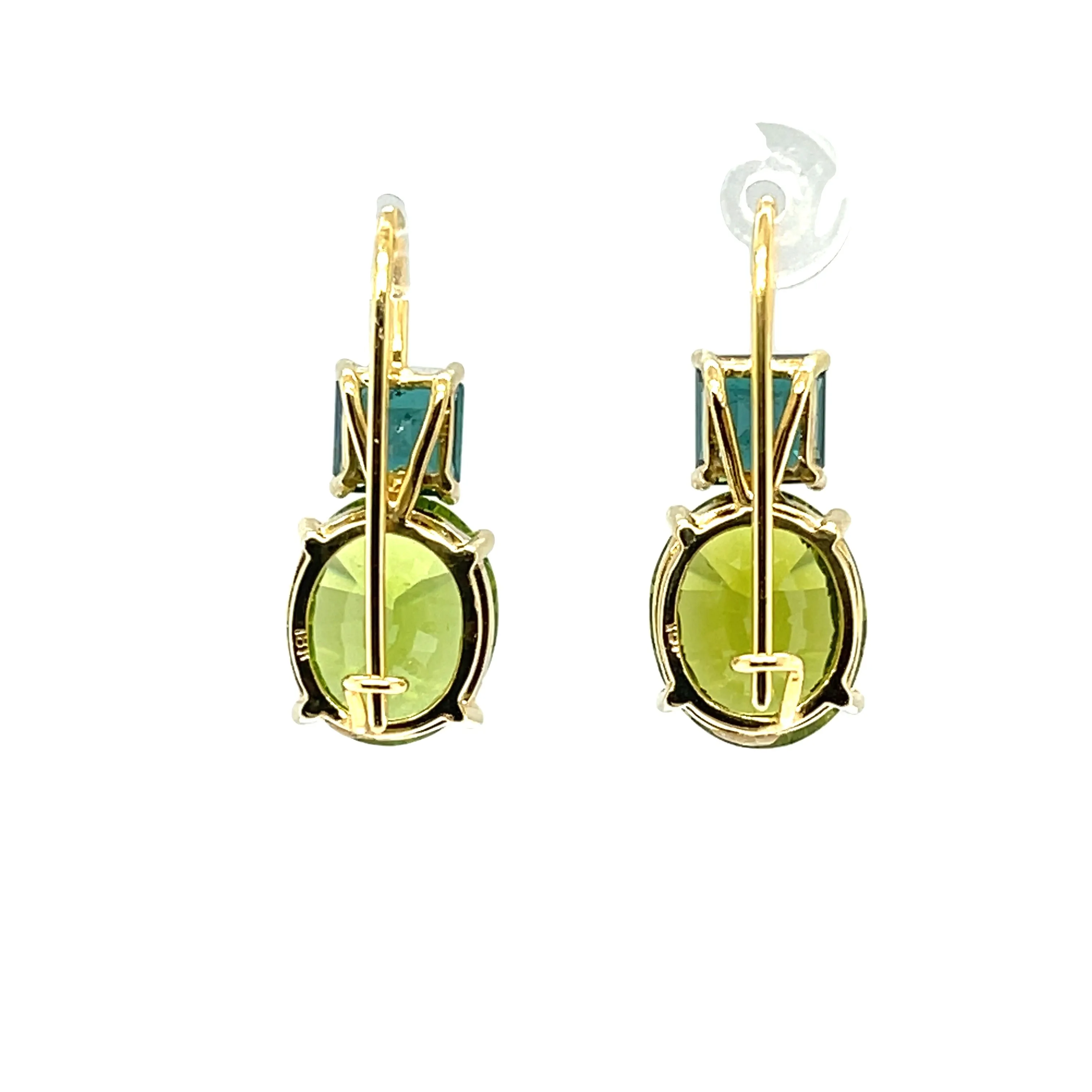 Peridot and Square Indicolite Tourmaline, Yellow Lever Back Drop Earrings