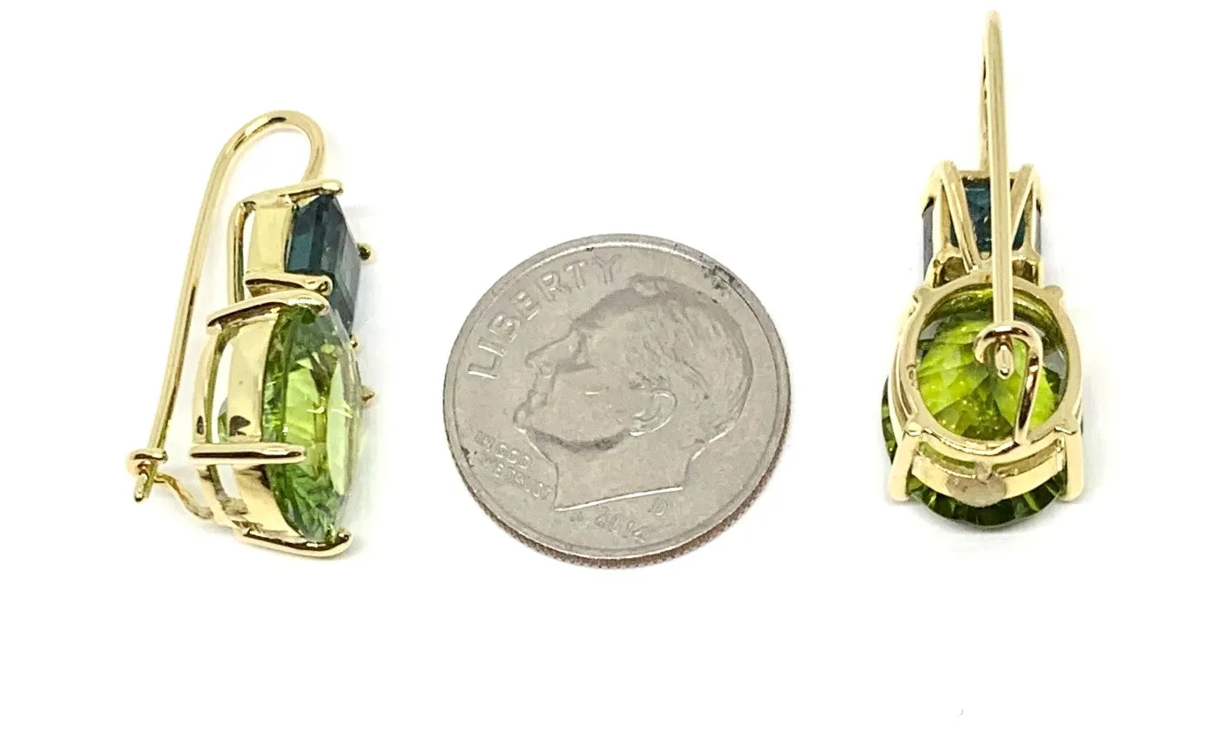 Peridot and Square Indicolite Tourmaline, Yellow Lever Back Drop Earrings