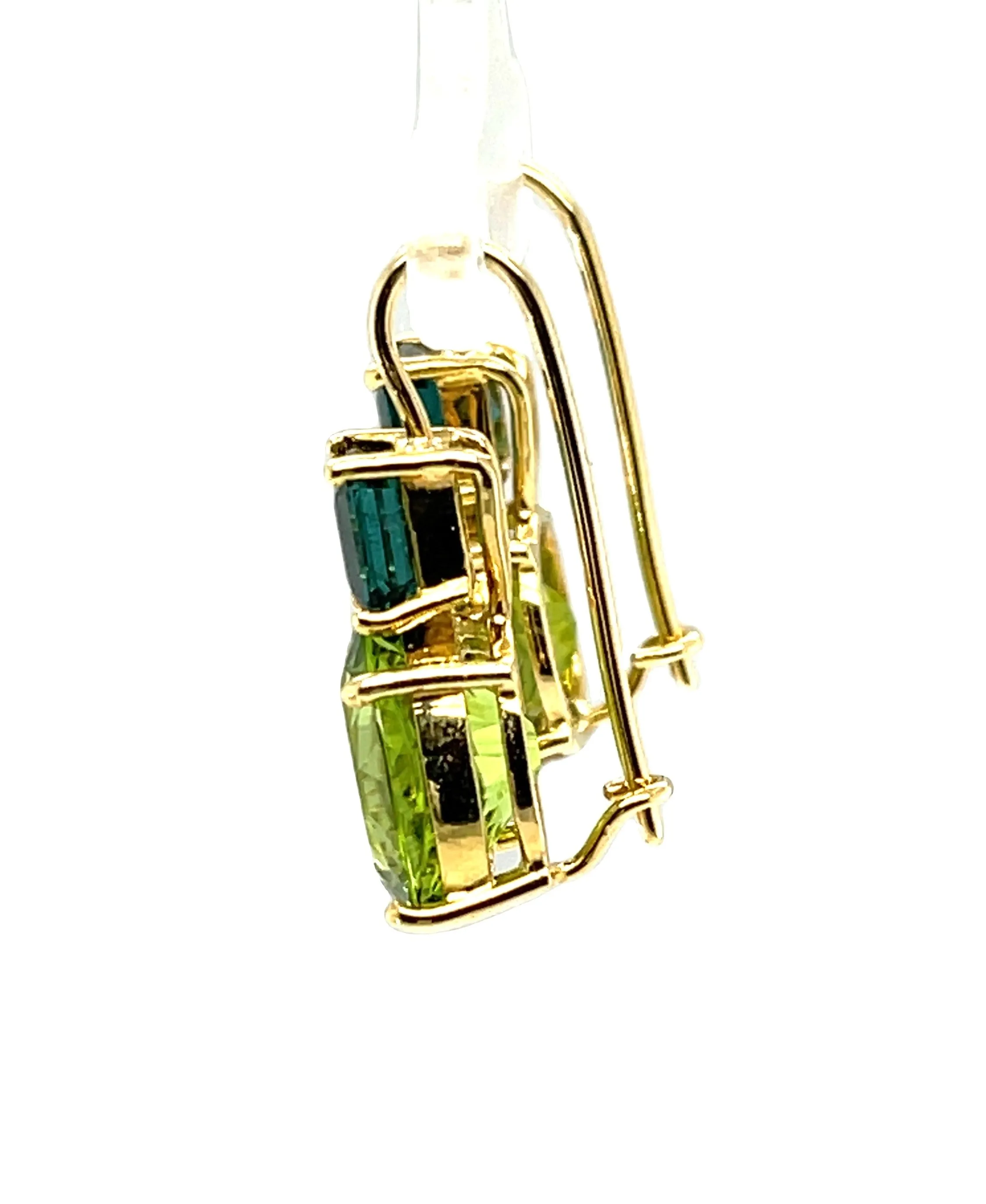 Peridot and Square Indicolite Tourmaline, Yellow Lever Back Drop Earrings