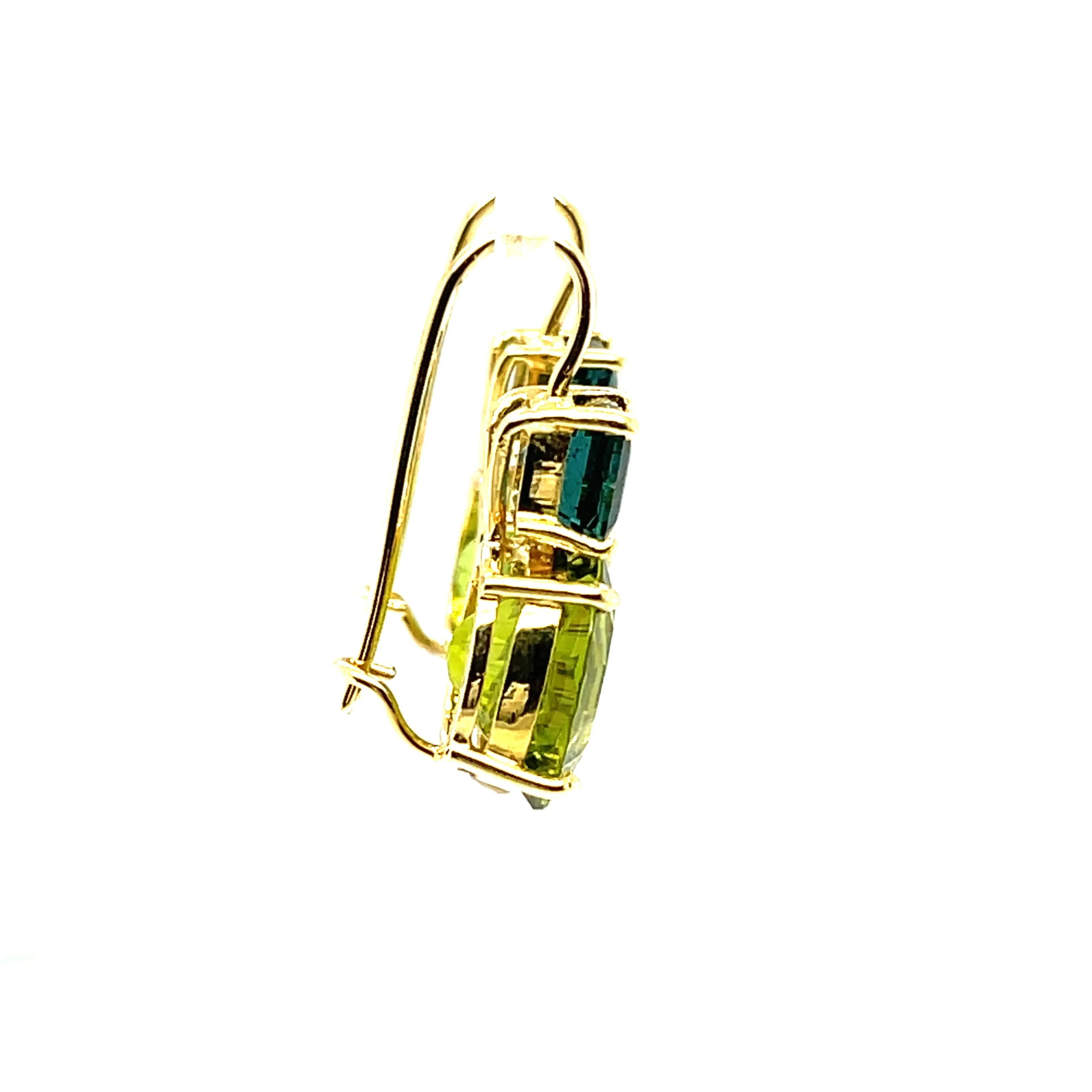 Peridot and Square Indicolite Tourmaline, Yellow Lever Back Drop Earrings