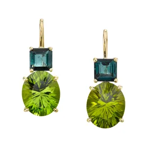 Peridot and Square Indicolite Tourmaline, Yellow Lever Back Drop Earrings