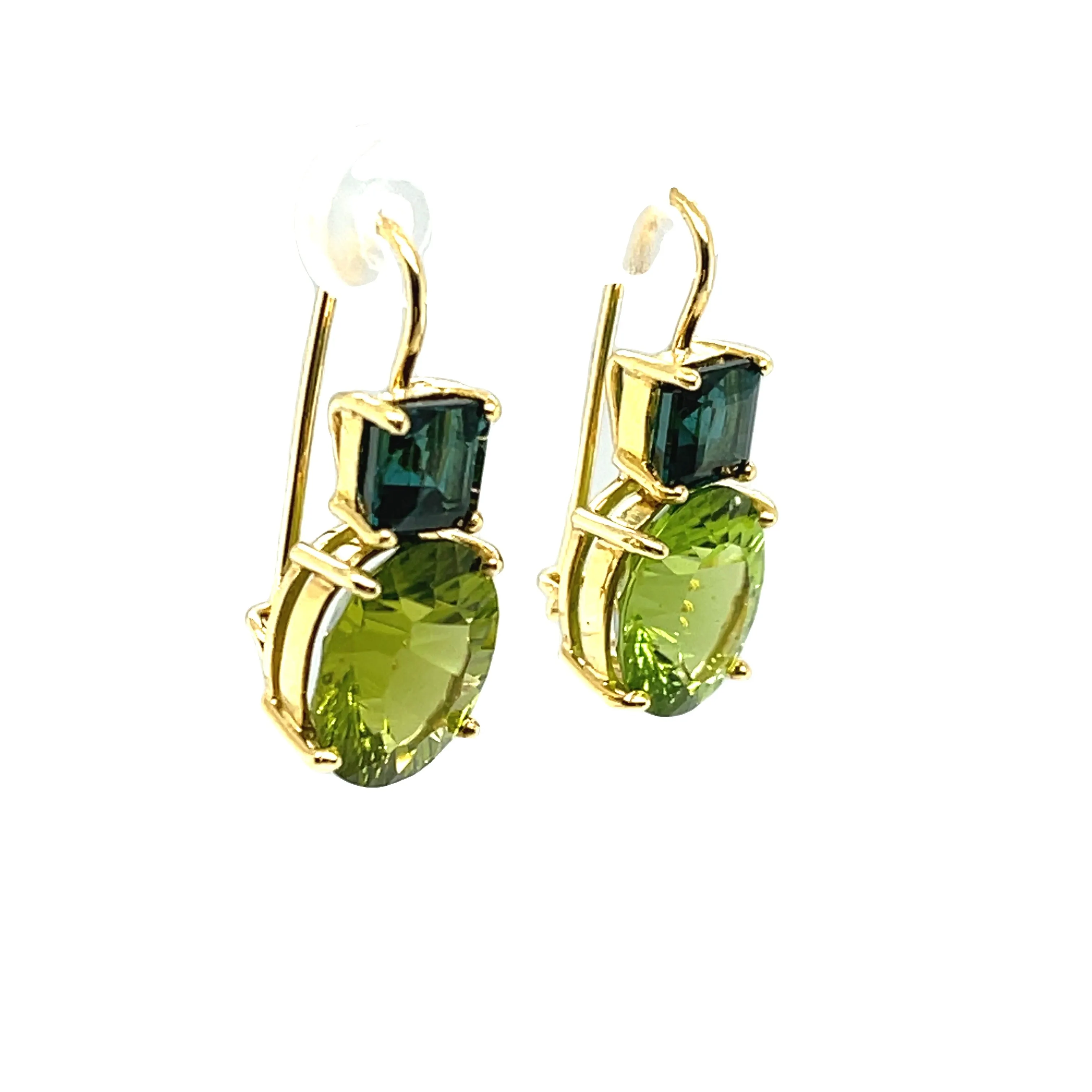 Peridot and Square Indicolite Tourmaline, Yellow Lever Back Drop Earrings