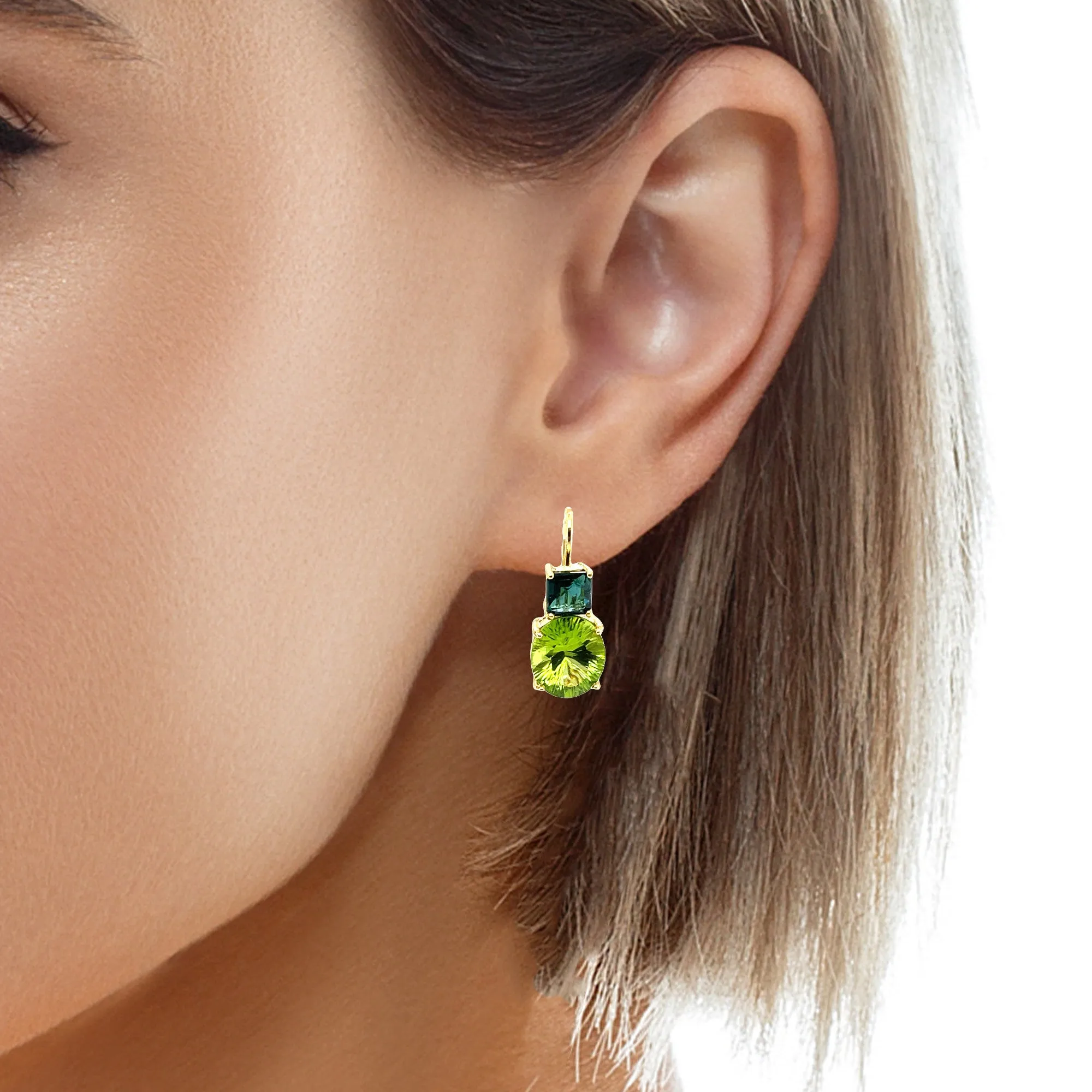 Peridot and Square Indicolite Tourmaline, Yellow Lever Back Drop Earrings