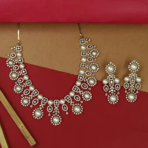 Round Neck Pearl Zircon/AD Necklace Set 16594-31