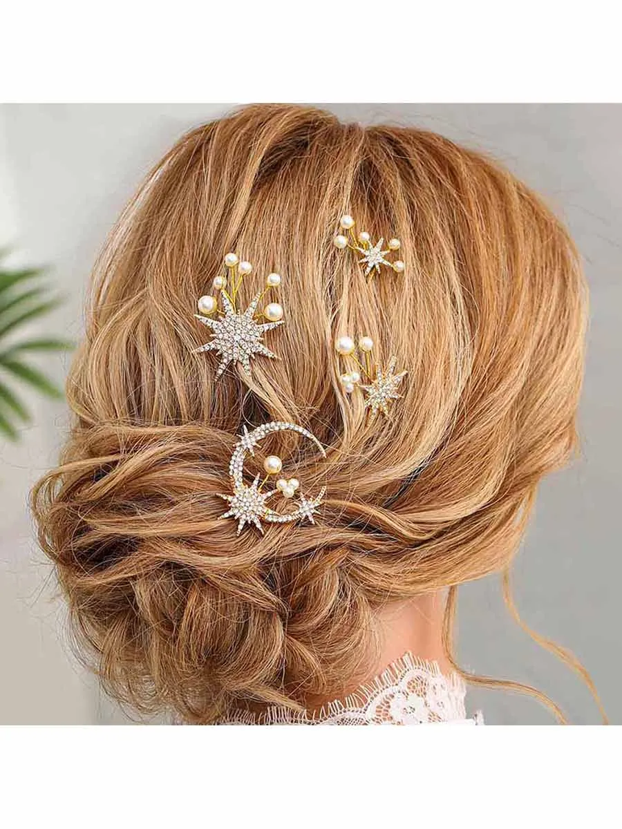 Star Bride Wedding Hair Pins Gold Moon Bridal Hair Pieces Pearl Hair Clips Hair Accessories