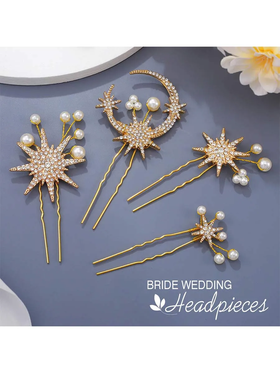 Star Bride Wedding Hair Pins Gold Moon Bridal Hair Pieces Pearl Hair Clips Hair Accessories