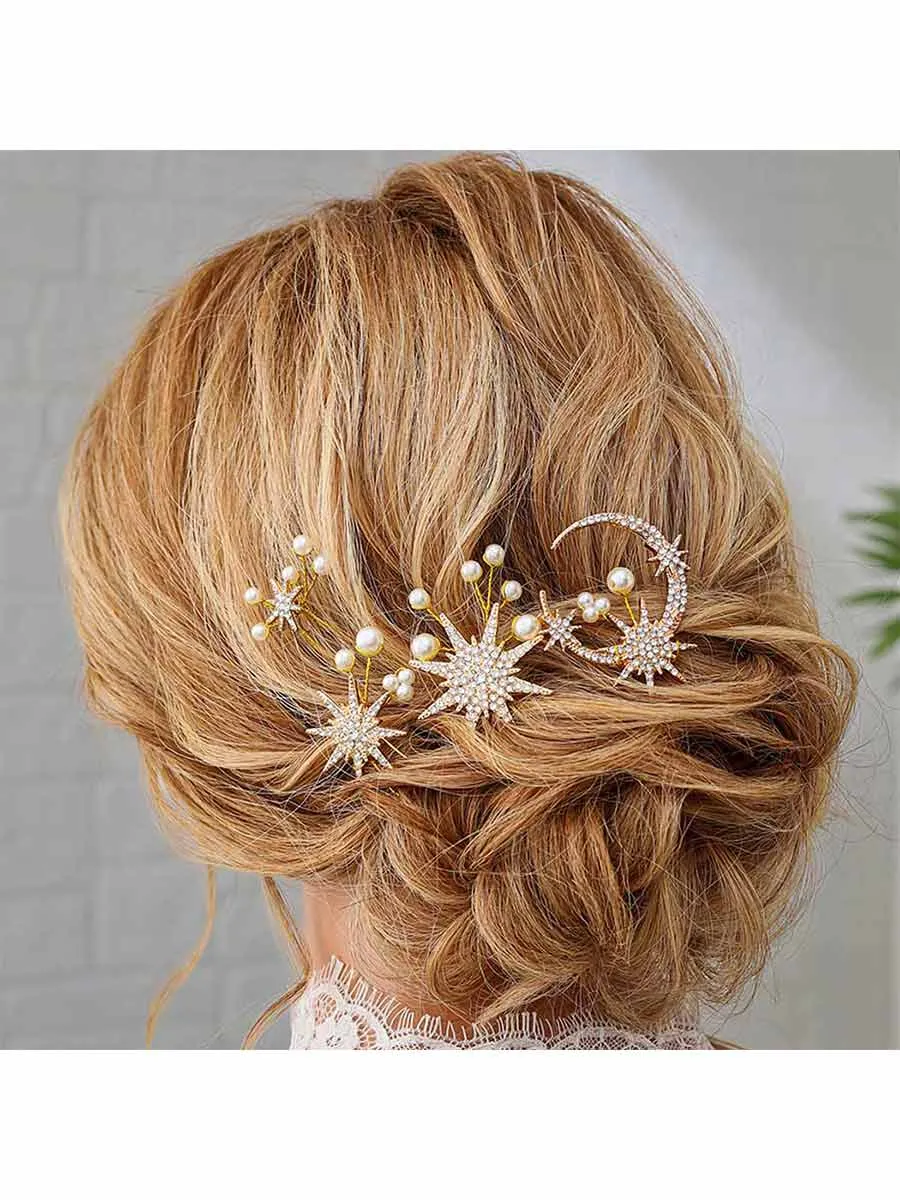 Star Bride Wedding Hair Pins Gold Moon Bridal Hair Pieces Pearl Hair Clips Hair Accessories
