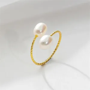 Tajade Rice Shaped Freshwater Pearl Ring Double Pearl Open Design White 5-6mm