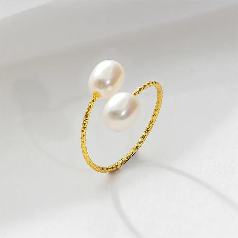 Tajade Rice Shaped Freshwater Pearl Ring Double Pearl Open Design White 5-6mm