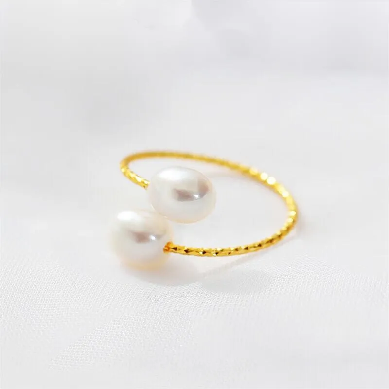 Tajade Rice Shaped Freshwater Pearl Ring Double Pearl Open Design White 5-6mm