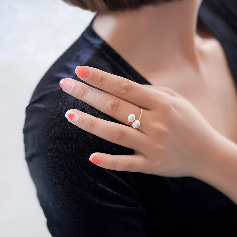 Tajade Rice Shaped Freshwater Pearl Ring Double Pearl Open Design White 5-6mm