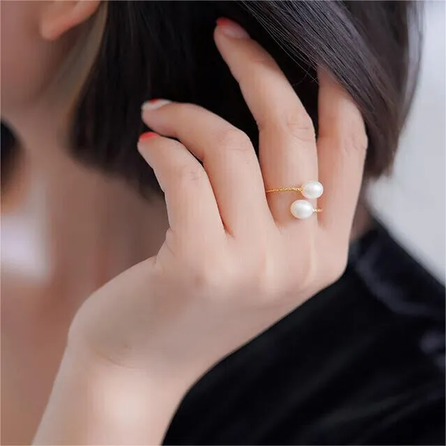 Tajade Rice Shaped Freshwater Pearl Ring Double Pearl Open Design White 5-6mm
